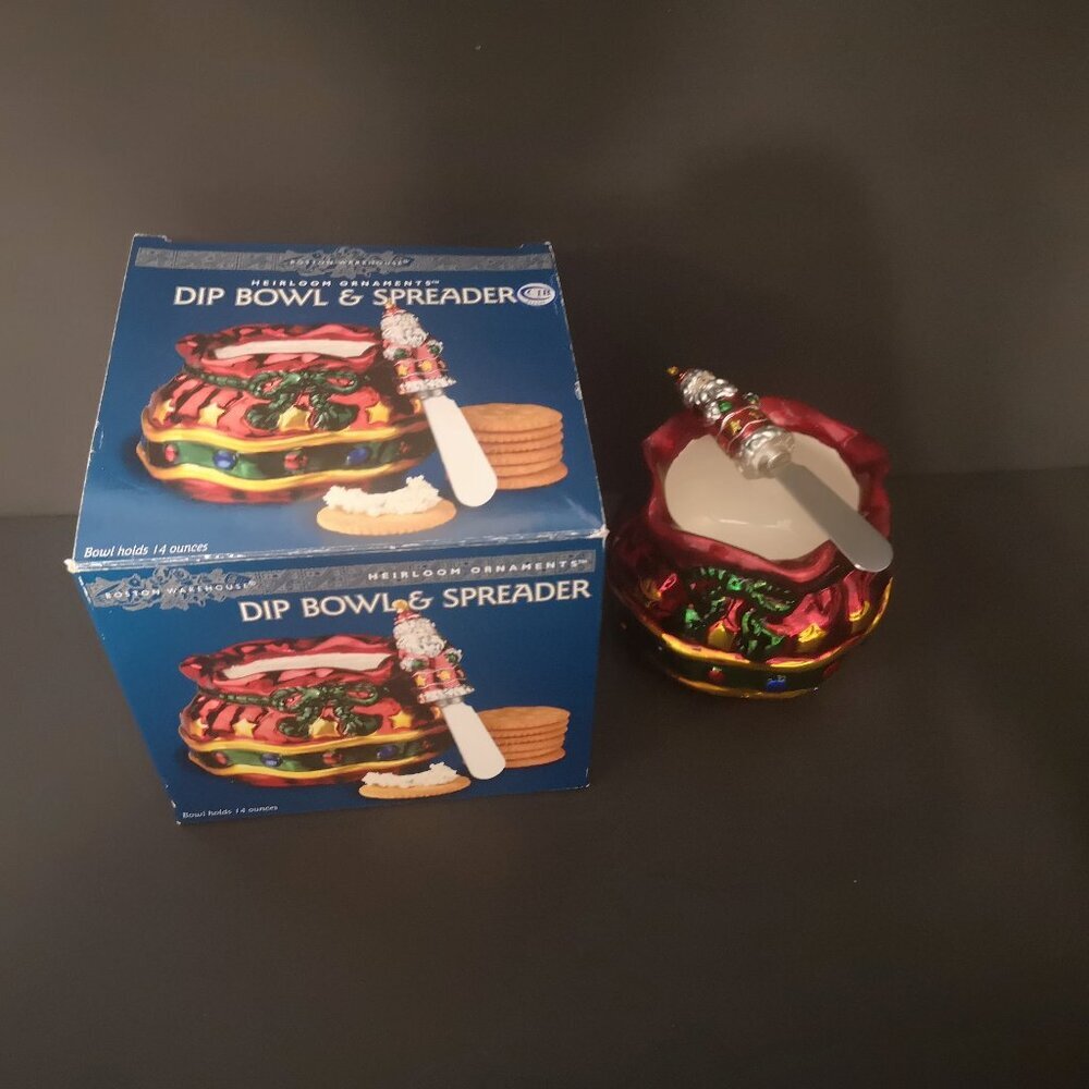 New Boston Warehouse Heirloom Ceramic Dip Bowl & Spreader 14oz Red, Green & Gold